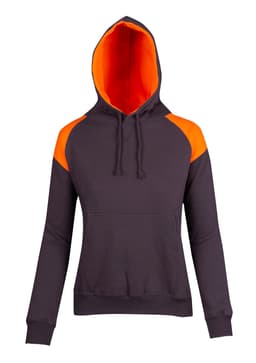 A dark grey hoodie with orange contrast panels and a front pocket, featuring a hood and drawstring.