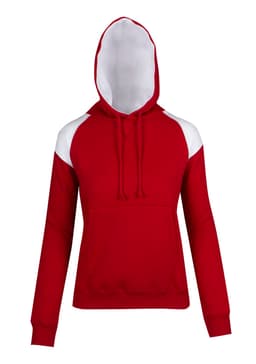 A red hoodie with white contrast panels and a front pocket. Features a drawstring hood. Includes a logo.
