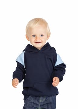 A child wearing a navy blue hoodie with light blue shoulder panels. The hoodie features a front pocket and a hood.