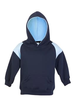 A navy hoodie with light blue contrast panels and a hood, featuring a front pocket and branding.