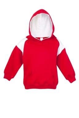 A red hoodie with white contrast panels and a front pocket, featuring a hood and long sleeves.