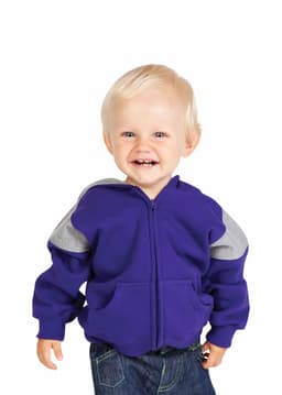 A child wearing a purple hoodie with grey contrast panels and a zipper. The hoodie features a front pocket.