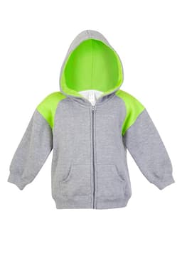 A grey hoodie with a green contrast panel and a front zipper, featuring a hood and two front pockets.