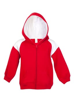 A red hoodie with white contrast panels and a zipper, featuring a hood and front pockets.