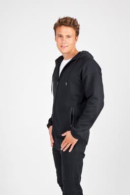 A black hooded jumper made of soft cotton and bonded polar fleece, featuring a zip and side pockets.