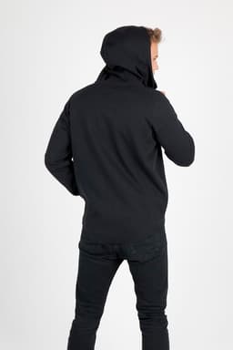 A black men's hoodie made from soft cotton and bonded polar fleece, featuring a hood and a logo.