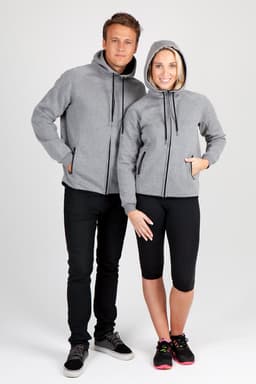 A grey bonded polar fleece hoodie for men and women, featuring pockets and a logo. Suitable for casual wear.