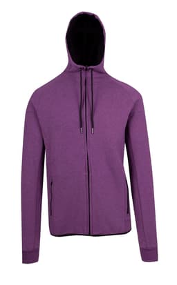 A purple hoodie with a black interior, featuring a front zip and side pockets, and a hood for warmth.