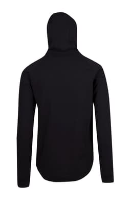 A black men's hoodie featuring a soft cotton and bonded polar fleece material, with a hood and long sleeves.