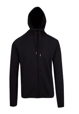 A black men's hoodie made from soft cotton and bonded polar fleece, featuring a hood and zip front, with a logo.