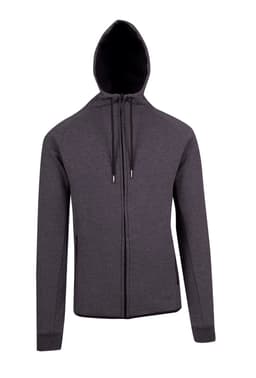 A men's hoodie made of 320gsm soft cotton and bonded polar fleece in grey with a hood and zip fastening.