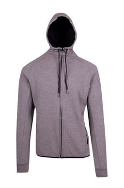 A grey hoodie made from soft cotton and bonded polar fleece, featuring a black-lined hood and zippers.