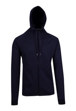 A navy blue men's hoodie made from soft cotton and bonded polar fleece, featuring a hood and zip closure.