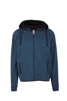 A men's hoodie featuring a soft cotton and bonded polar fleece blend in a blue colour with a black hood and zippered pockets.
