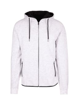 A grey and black men's hoodie made from soft cotton and bonded polar fleece, featuring a zip and front pockets.