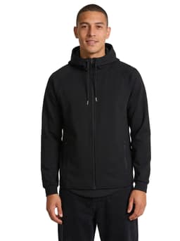 A black men's hoodie made from 320gsm soft cotton and bonded polar fleece, featuring a front zip and a hood.