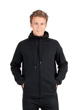 A black men's hoodie made of soft cotton and bonded polar fleece, featuring a hood and zip closure.