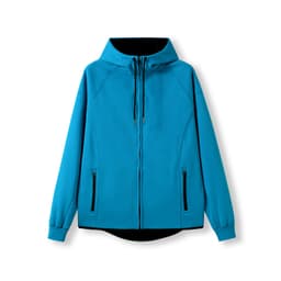 A blue men's hoodie with a black lining, featuring a zip closure and two side pockets. It has a logo on it.
