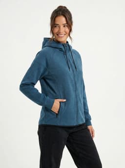 A grey women's junior hoodie with a bonded polar fleece lining, featuring a hood and a logo.