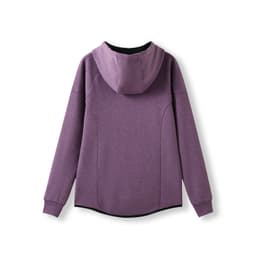 A purple women's junior hoodie made from soft cotton and bonded polar fleece, featuring a hood and a seamless back design.