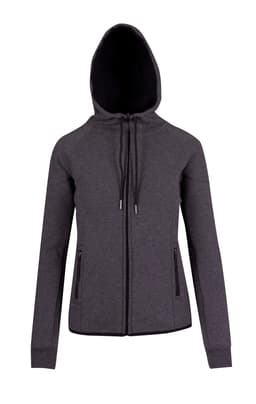A women's junior 320gsm soft cotton bonded polar fleece hoodie in grey with a hood and zippered pockets, featuring a logo.