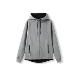 A grey hoodie with a black interior, zip front, and two side pockets, featuring a hood and branding.