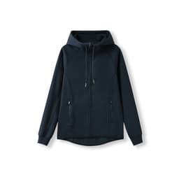 A navy blue women's junior hoodie made from soft cotton and bonded polar fleece, featuring a zipper and hood.