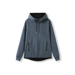 A navy hoodie featuring a zip-up front, hood, and side pockets, with a contrasting black inner lining.