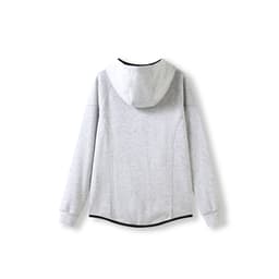 A grey women's junior hoodie made from soft cotton and bonded polar fleece, featuring a hood and a logo.
