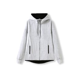 A grey women's junior hoodie made of soft cotton and bonded polar fleece, featuring a zip and pockets, with a black hood interior.