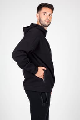 A black men's hoodie with a zippered side pocket, featuring a relaxed fit and a hood.