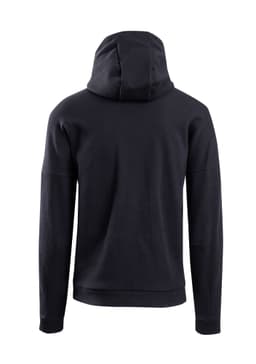 A black men's hoodie featuring a hood and long sleeves, with a branding logo on the back.