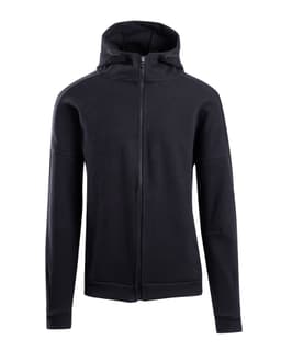 A black men's hoodie with a zip front and a hood, featuring long sleeves and a modern cut.