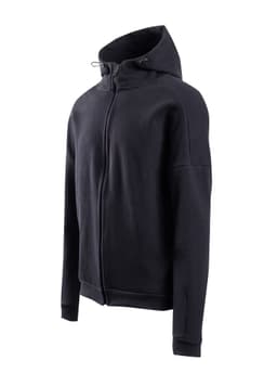 A black men's hoodie with a zip-up front and a hood, featuring a logo on one sleeve.