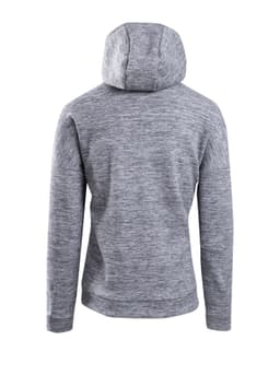 A grey hoodie with a spacious hood and textured fabric, featuring a logo on the back.