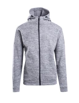 A grey men's hoodie featuring a zip front and a hood. The fabric has a textured appearance and includes a logo.