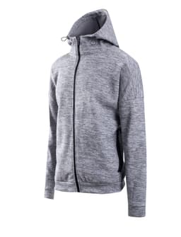 A grey men's hoodie with a hood and zip closure, featuring side pockets and a logo.