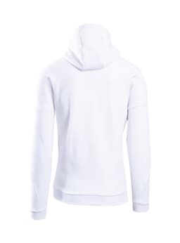 A white men's hoodie featuring a standard hood and long sleeves, with a plain back design.