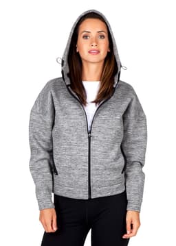 A women's/juniors' hoodie in grey with a zip front and a hood, featuring a brand logo.
