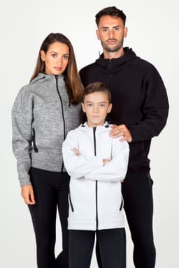 A grey hoodie on a woman, a black hoodie on a man, and a white hoodie on a boy, all with zippers and pockets.