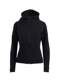 A black women's/juniors’ hoodie with a zip front and a hood, featuring a logo detail.