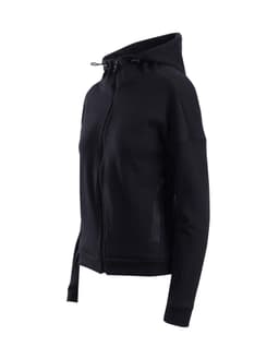 A black women's/juniors' hoodie with a zip front, side pockets, and a hood. It features a logo detail.