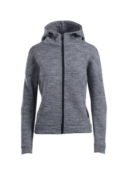 A grey women's/juniors' hoodie with a zip front and a hood, featuring a logo on the chest.