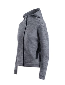 A grey women's/juniors' hoodie with a zip closure, featuring a hood and side pockets, and a logo.