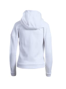A white women's/juniors' hoodie with a spacious hood and long sleeves, featuring a simple and clean design.