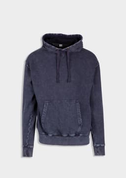 A men's stone wash fleece hoodie in dark navy, featuring a front pocket and a logo on the design.