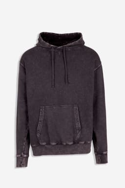A men's stone wash fleece hoodie in a dark grey colour, featuring a front pocket and adjustable drawstring hood.