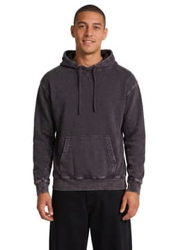 A men's stone wash fleece hoodie in dark blue, featuring a front pocket and a hood, with branding visible.