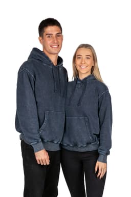 A stone wash fleece hoodie in navy blue, worn by a male and female model. The hoodie features a front pocket and a logo.