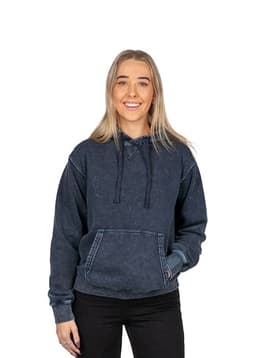 A women's stone wash fleece hoodie in denim blue, featuring a front pocket and a drawstring hood.